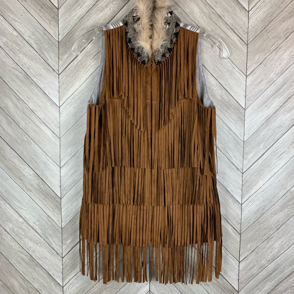 Fringe Suede faux fur & metallic bead collar vest Medium - Picture 3 of 10